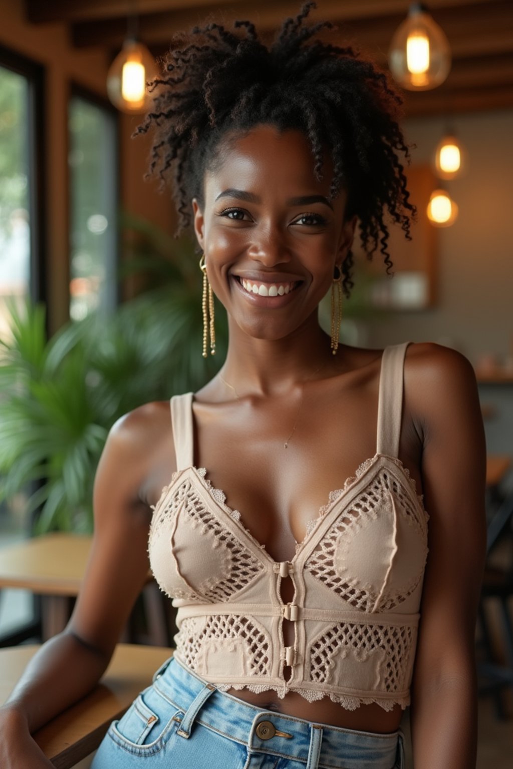 woman in chic cafe outfit  at trendy Canggu cafe with tropical minimalist decor