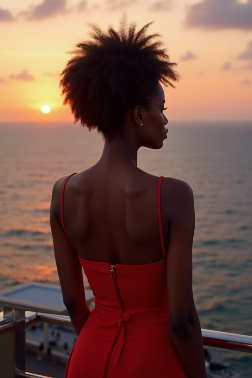 woman in resort cocktail dress  at rooftop bar with panoramic sunset view over ocean