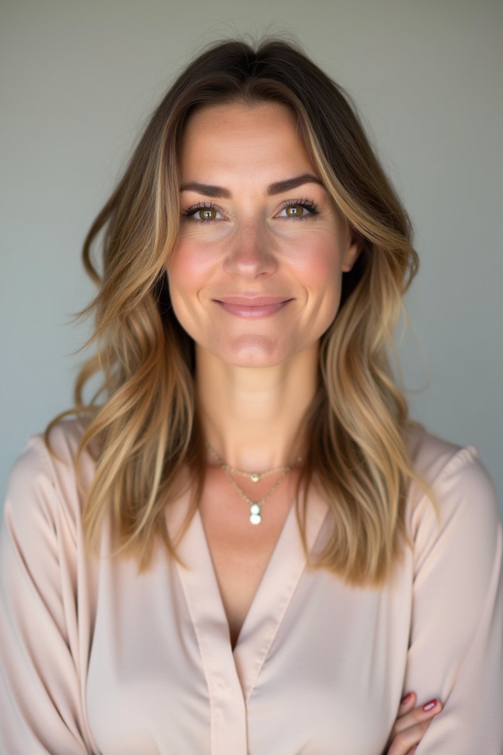 A professional therapist headshot of a compassionate woman, taken in a well-lit studio with a plain backdrop. The woman is dressed in a soft, professional blouse with natural makeup and a gentle smile . The lighting is soft and even, highlighting their facial features with a warm and approachable expression. The focus is sharp, capturing the woman's eyes and reassuring smile, creating a perfect headshot for therapy practices and professional profiles.