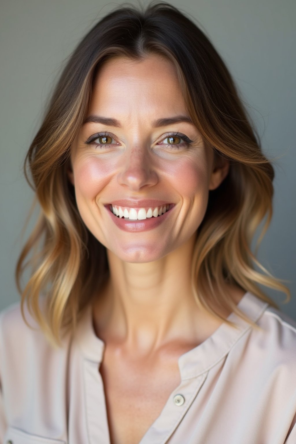 A professional therapist headshot of a compassionate woman, taken in a well-lit studio with a plain backdrop. The woman is dressed in a soft, professional blouse with natural makeup and a gentle smile . The lighting is soft and even, highlighting their facial features with a warm and approachable expression. The focus is sharp, capturing the woman's eyes and reassuring smile, creating a perfect headshot for therapy practices and professional profiles.