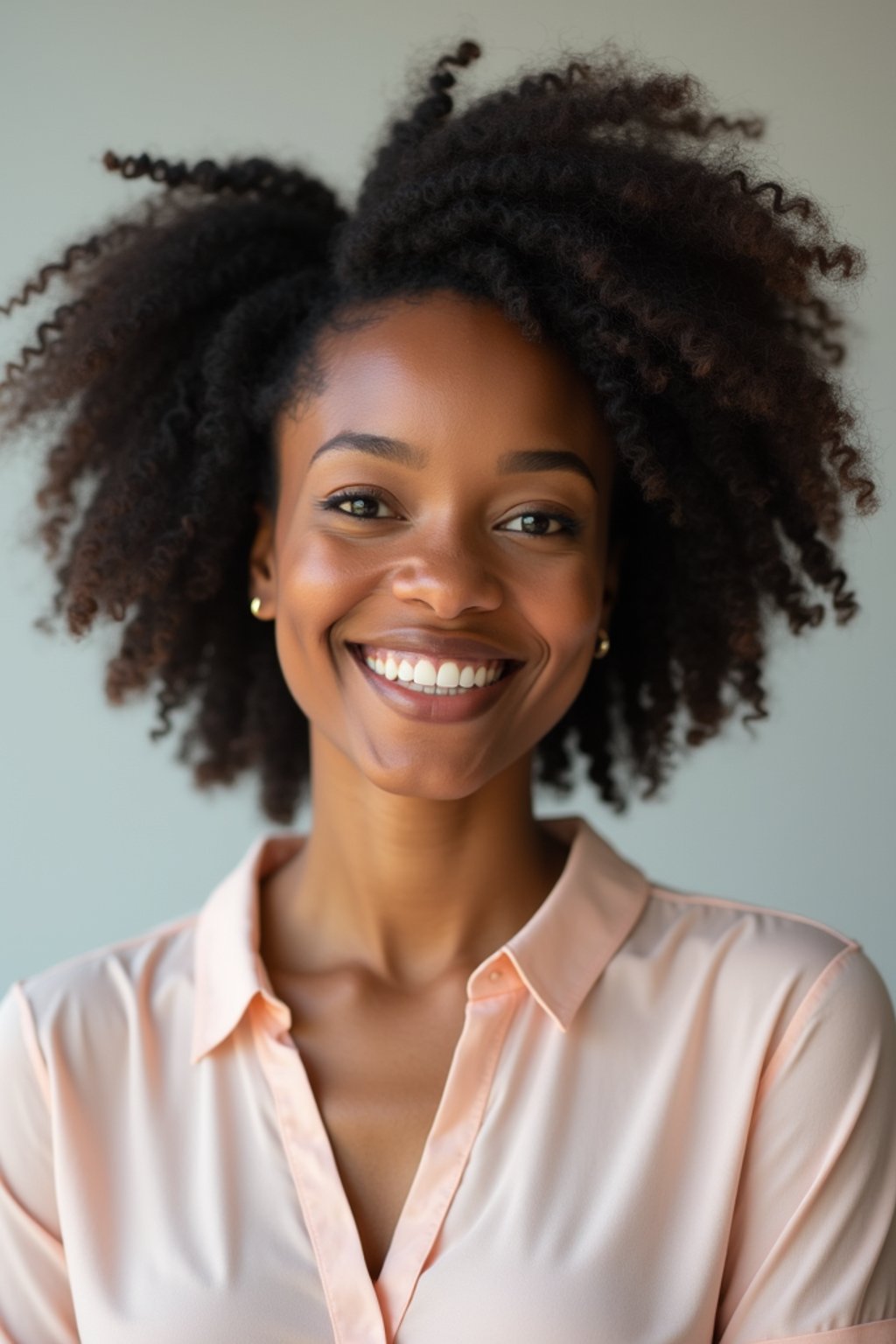A professional therapist headshot of a compassionate woman, taken in a well-lit studio with a plain backdrop. The woman is dressed in a soft, professional blouse with natural makeup and a gentle smile . The lighting is soft and even, highlighting their facial features with a warm and approachable expression. The focus is sharp, capturing the woman's eyes and reassuring smile, creating a perfect headshot for therapy practices and professional profiles.