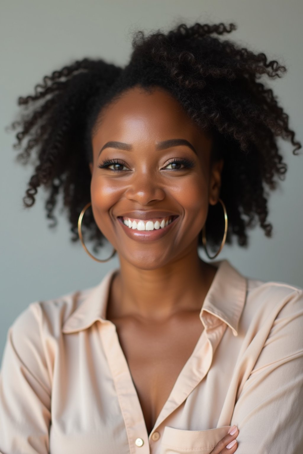 A professional therapist headshot of a compassionate woman, taken in a well-lit studio with a plain backdrop. The woman is dressed in a soft, professional blouse with natural makeup and a gentle smile . The lighting is soft and even, highlighting their facial features with a warm and approachable expression. The focus is sharp, capturing the woman's eyes and reassuring smile, creating a perfect headshot for therapy practices and professional profiles.