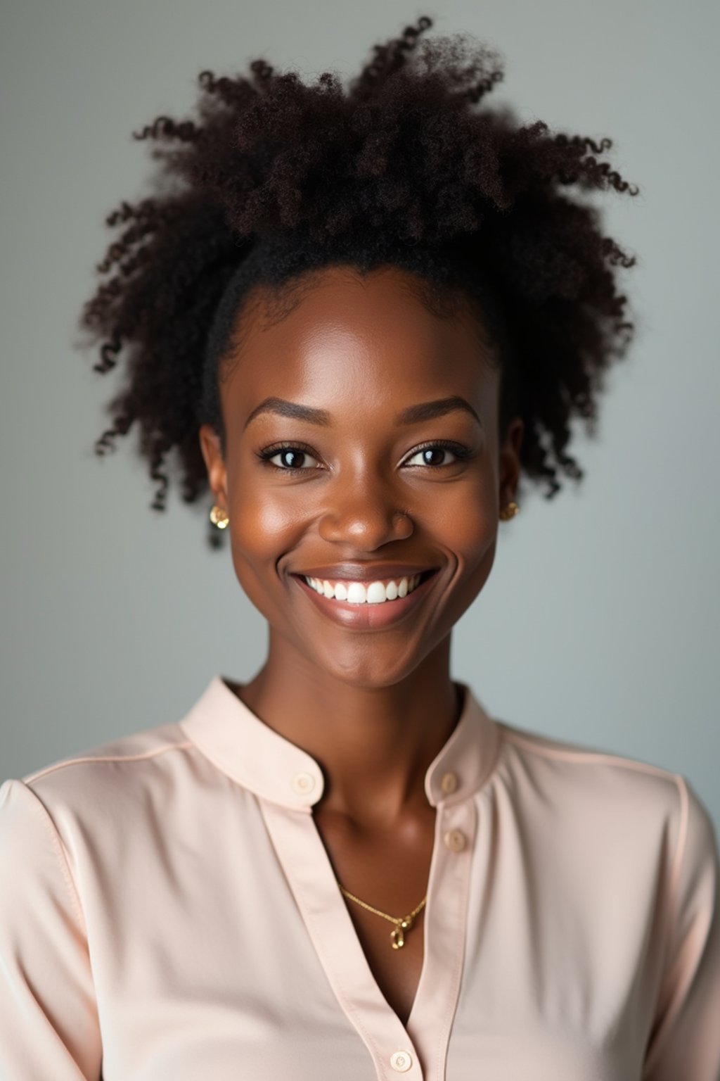 A professional therapist headshot of a compassionate woman, taken in a well-lit studio with a plain backdrop. The woman is dressed in a soft, professional blouse with natural makeup and a gentle smile . The lighting is soft and even, highlighting their facial features with a warm and approachable expression. The focus is sharp, capturing the woman's eyes and reassuring smile, creating a perfect headshot for therapy practices and professional profiles.