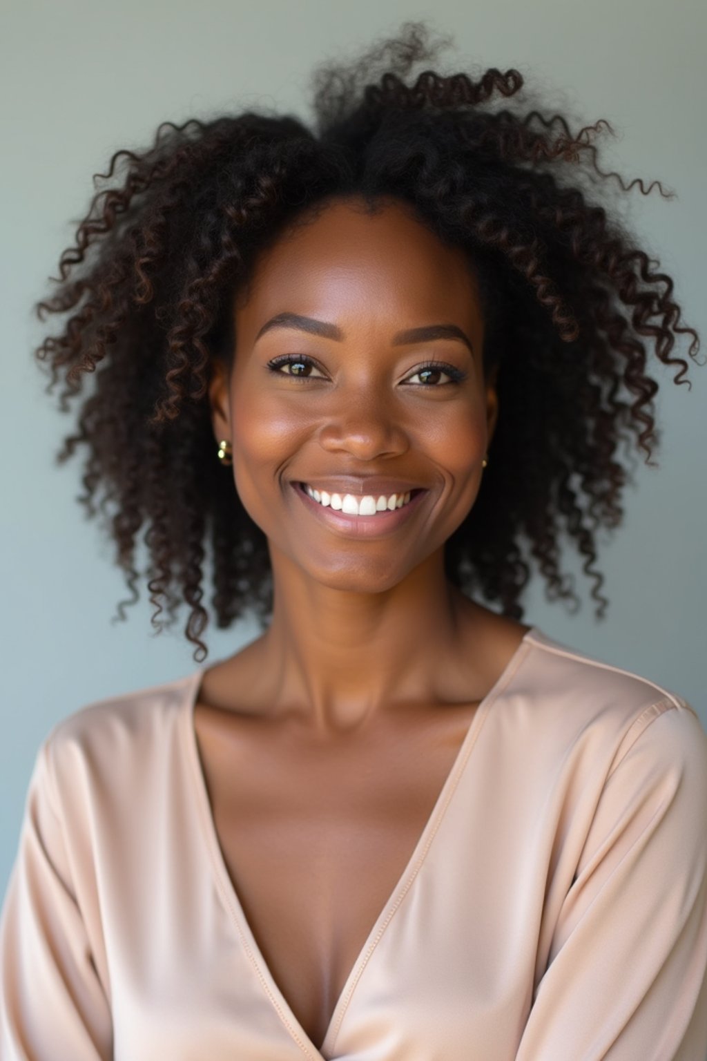 A professional therapist headshot of a compassionate woman, taken in a well-lit studio with a plain backdrop. The woman is dressed in a soft, professional blouse with natural makeup and a gentle smile . The lighting is soft and even, highlighting their facial features with a warm and approachable expression. The focus is sharp, capturing the woman's eyes and reassuring smile, creating a perfect headshot for therapy practices and professional profiles.