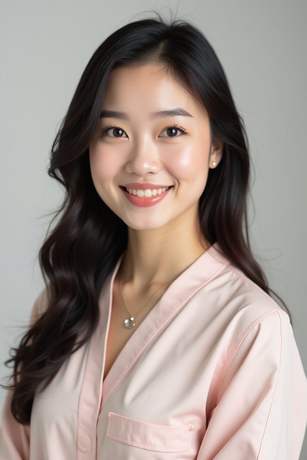 A professional therapist headshot of a compassionate woman, taken in a well-lit studio with a plain backdrop. The woman is dressed in a soft, professional blouse with natural makeup and a gentle smile . The lighting is soft and even, highlighting their facial features with a warm and approachable expression. The focus is sharp, capturing the woman's eyes and reassuring smile, creating a perfect headshot for therapy practices and professional profiles.