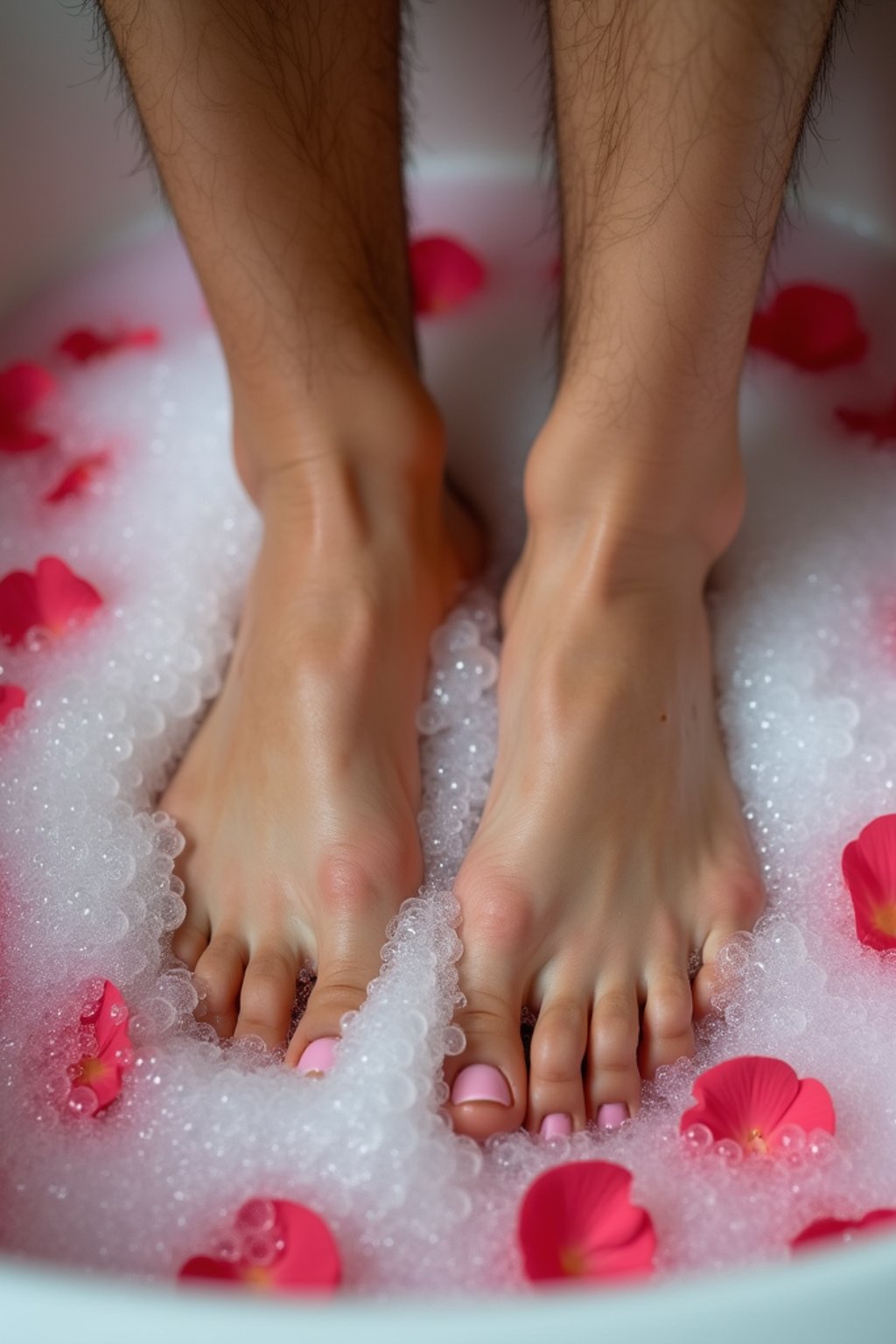 Model's feet submerged in a bubble bath, with rose petals floating on the water surface, creating a luxurious and relaxing scene, also showing the bottom of feet.