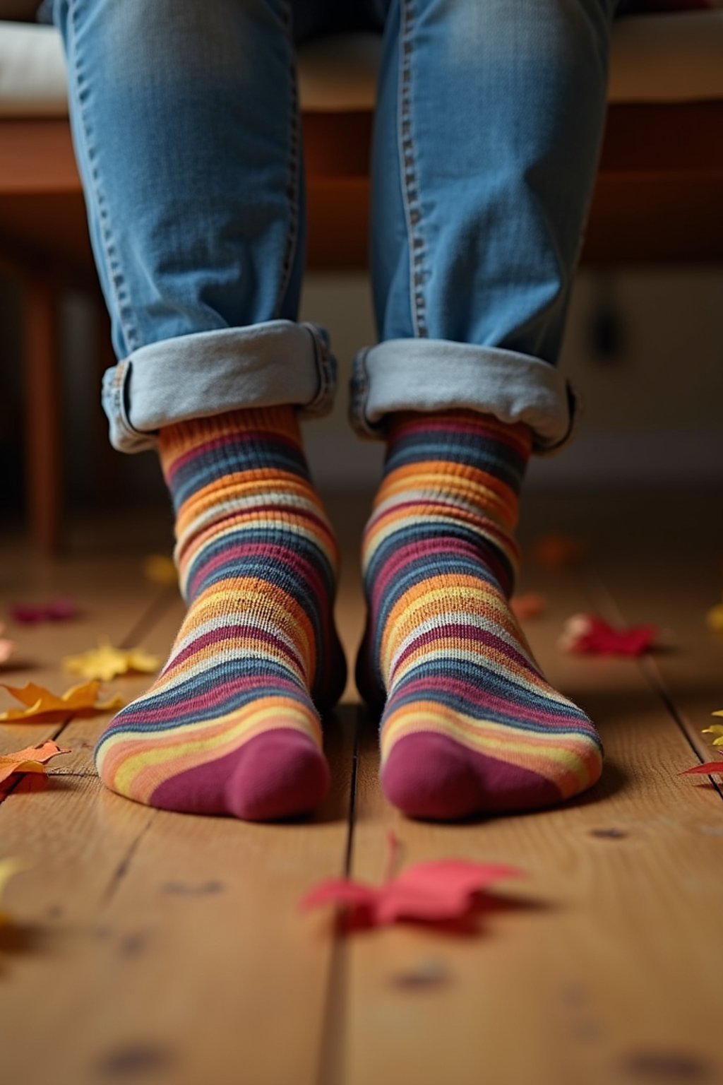 Model's feet in colorful socks, playfully posed on a wooden floor with scattered autumn leaves, evoking a cozy and whimsical vibe, also showing the bottom of feet.