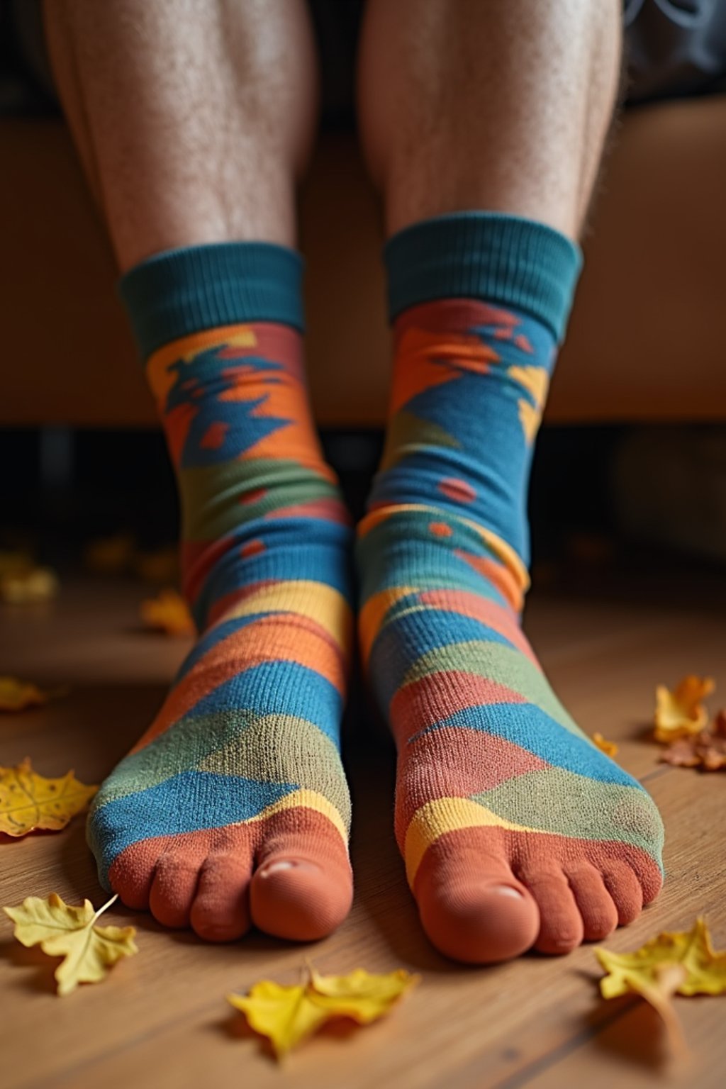 Model's feet in colorful socks, playfully posed on a wooden floor with scattered autumn leaves, evoking a cozy and whimsical vibe, also showing the bottom of feet.