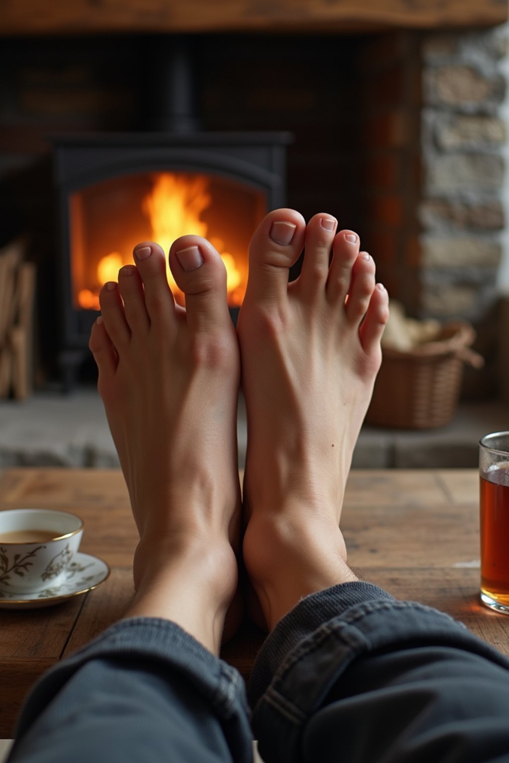 Model's bare feet, propped up on a coffee table, with a fireplace and a warm cup of tea in the background, also showing the bottom of feet.