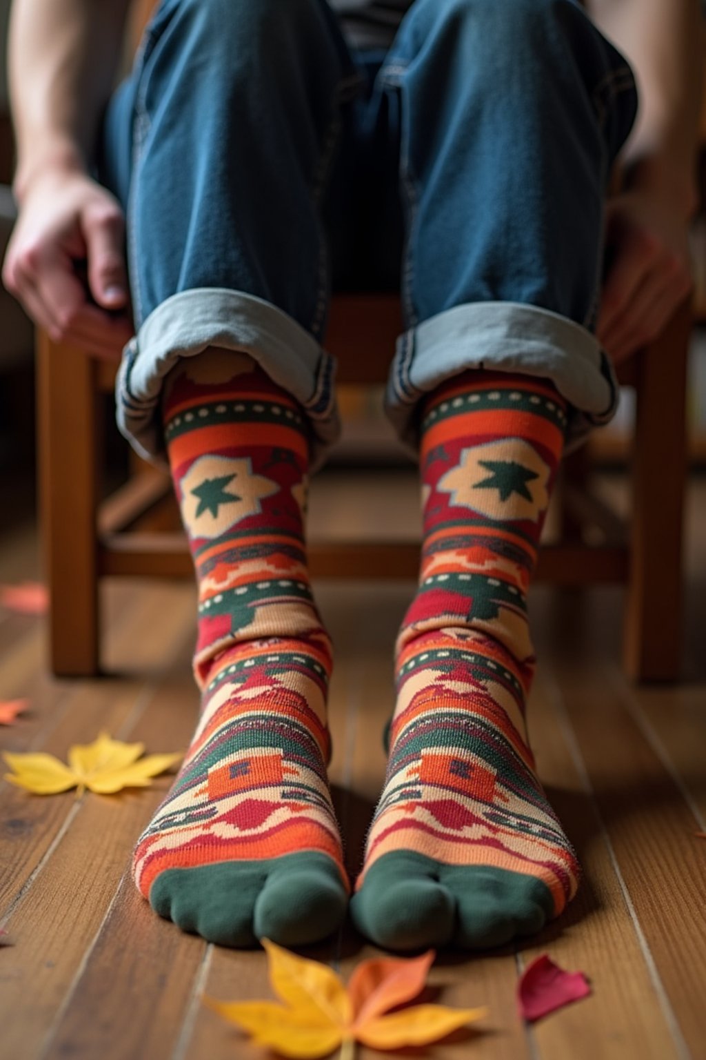 Model's feet in colorful socks, playfully posed on a wooden floor with scattered autumn leaves, evoking a cozy and whimsical vibe, also showing the bottom of feet.