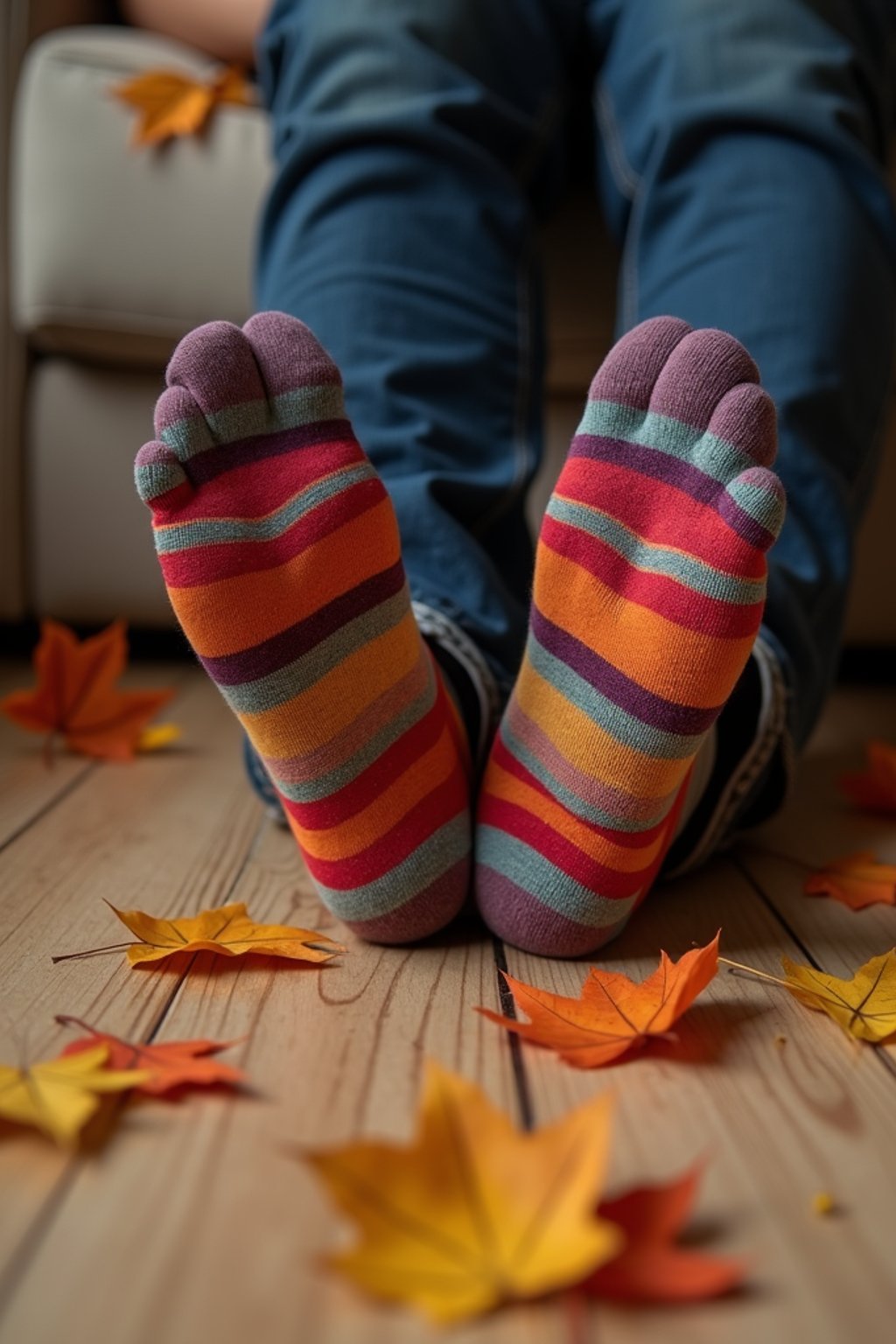 Model's feet in colorful socks, playfully posed on a wooden floor with scattered autumn leaves, evoking a cozy and whimsical vibe, also showing the bottom of feet.