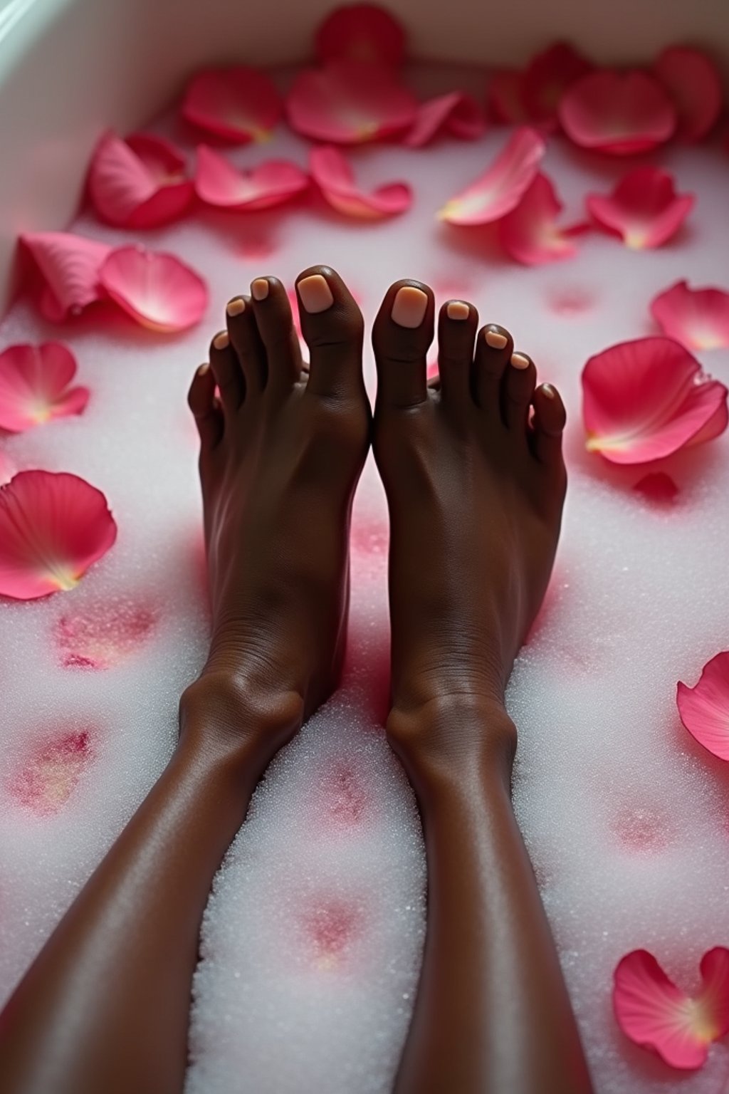 Model's feet submerged in a bubble bath, with rose petals floating on the water surface, creating a luxurious and relaxing scene, also showing the bottom of feet.