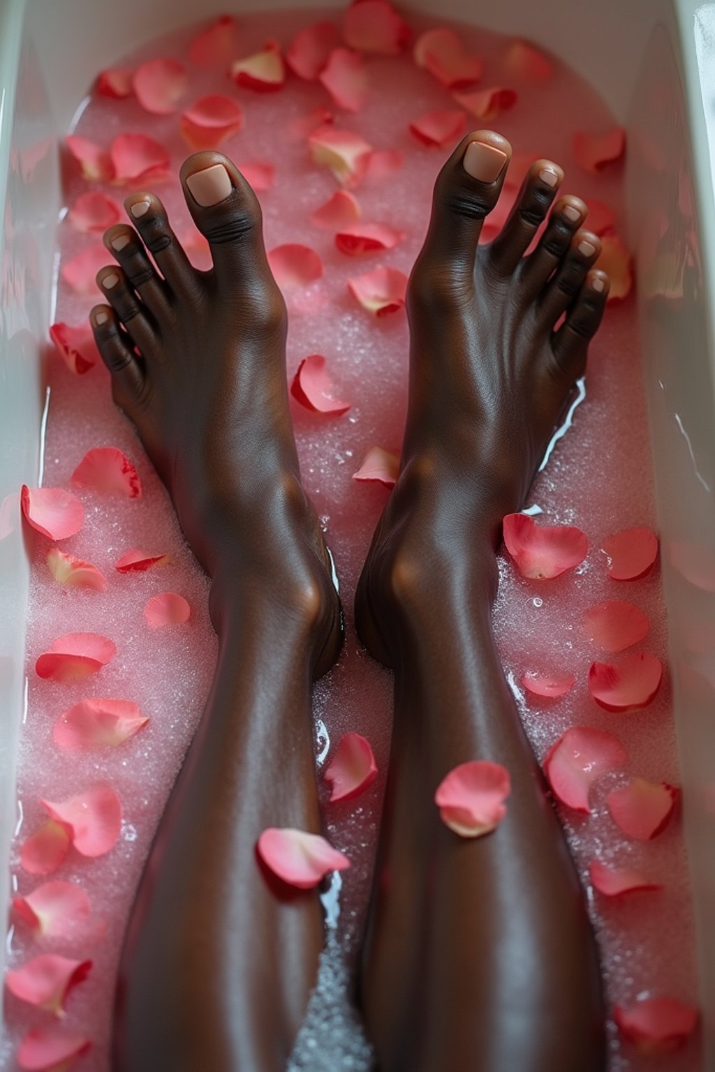 Model's feet submerged in a bubble bath, with rose petals floating on the water surface, creating a luxurious and relaxing scene, also showing the bottom of feet.