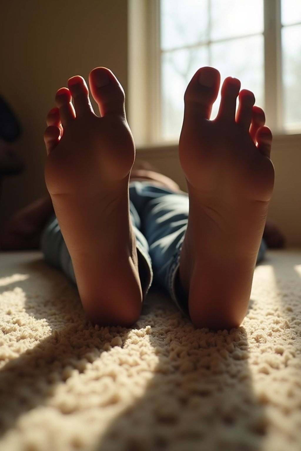 Close-up of man's feet resting on a plush carpet, also showing the bottom of feet, with soft natural light streaming through a nearby window, creating a warm and inviting atmosphere.
