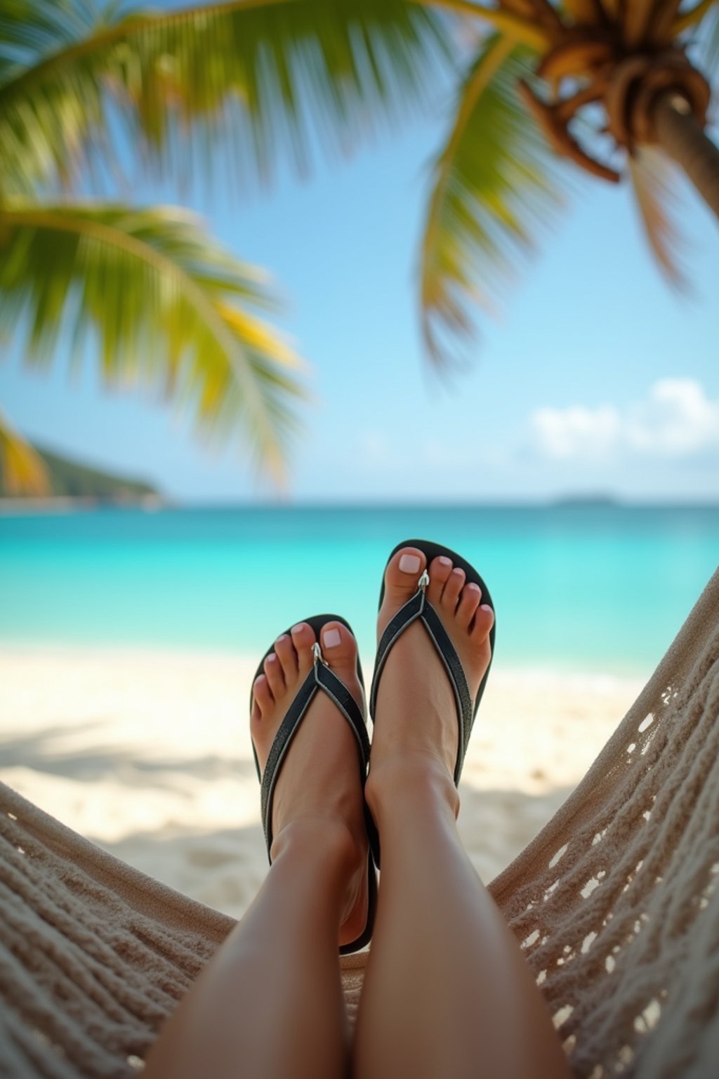 Model's feet in flip-flops, casually resting on a hammock, with a tropical beach and palm trees in the background, also showing the bottom of feet.