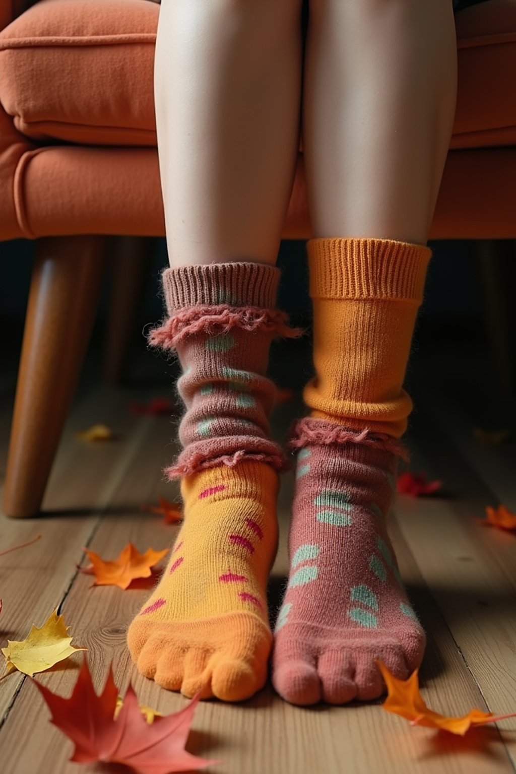 Model's feet in colorful socks, playfully posed on a wooden floor with scattered autumn leaves, evoking a cozy and whimsical vibe, also showing the bottom of feet.