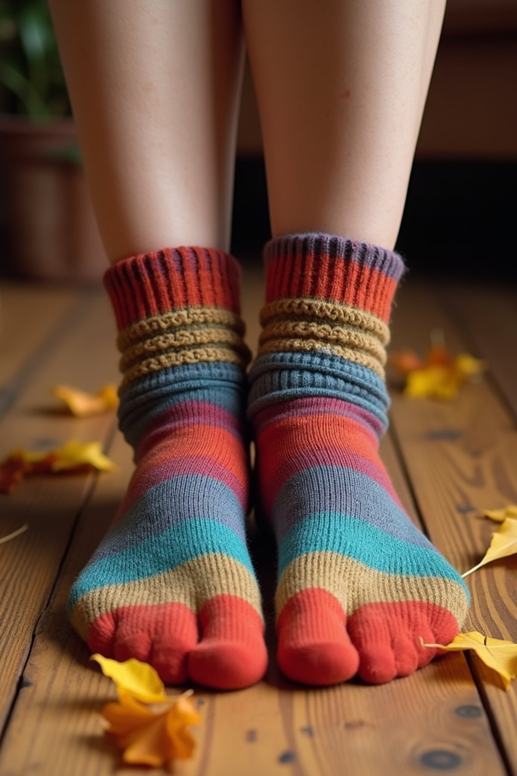 Model's feet in colorful socks, playfully posed on a wooden floor with scattered autumn leaves, evoking a cozy and whimsical vibe, also showing the bottom of feet.