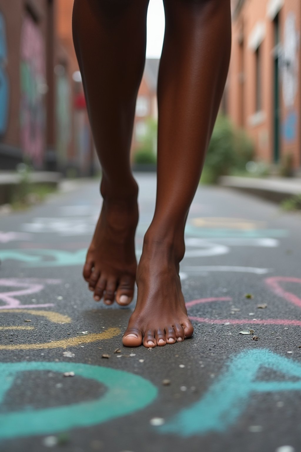 Model's bare feet, walking on a graffiti-covered urban street, capturing the essence of city life, also showing the bottom of feet.