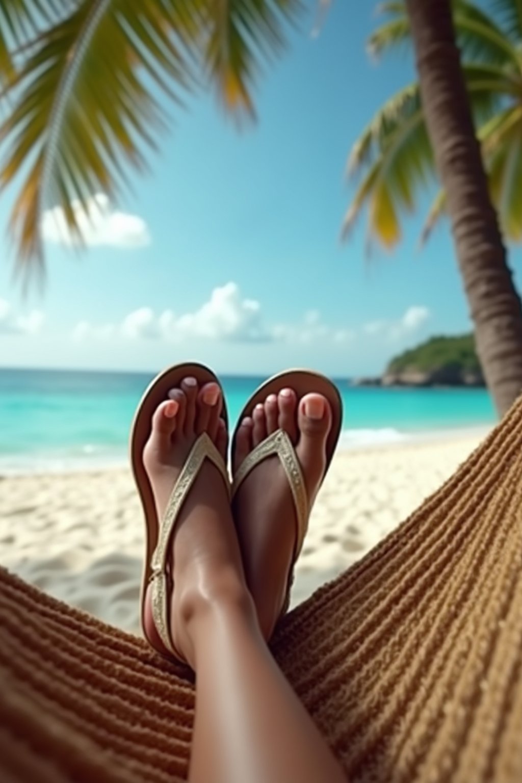 Model's feet in flip-flops, casually resting on a hammock, with a tropical beach and palm trees in the background, also showing the bottom of feet.