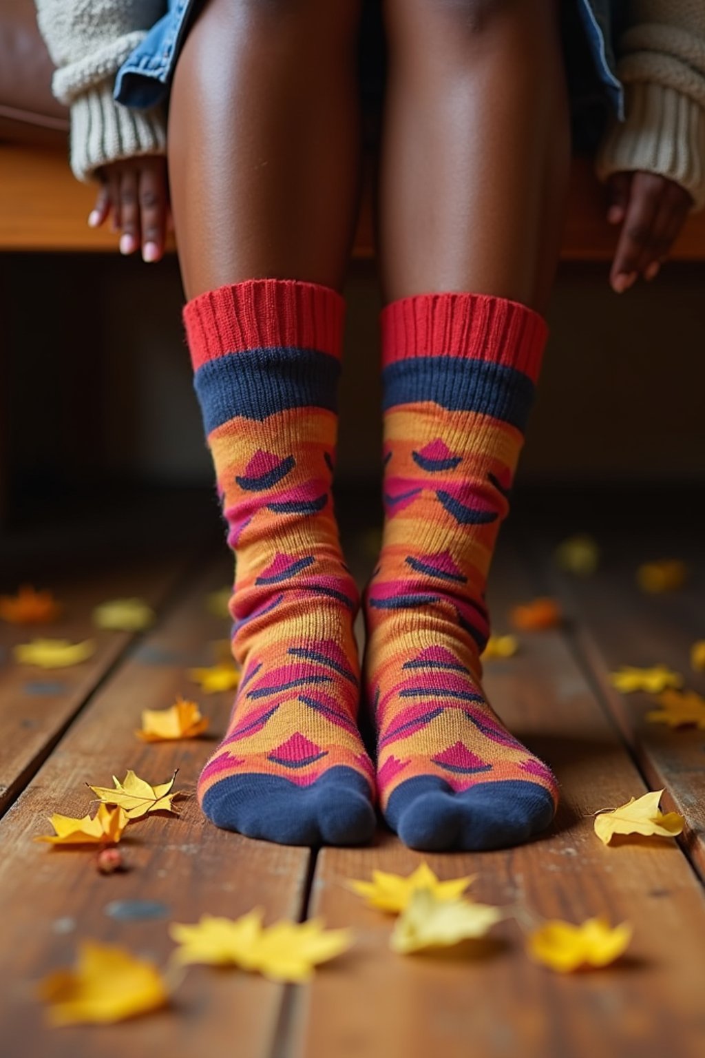Model's feet in colorful socks, playfully posed on a wooden floor with scattered autumn leaves, evoking a cozy and whimsical vibe, also showing the bottom of feet.