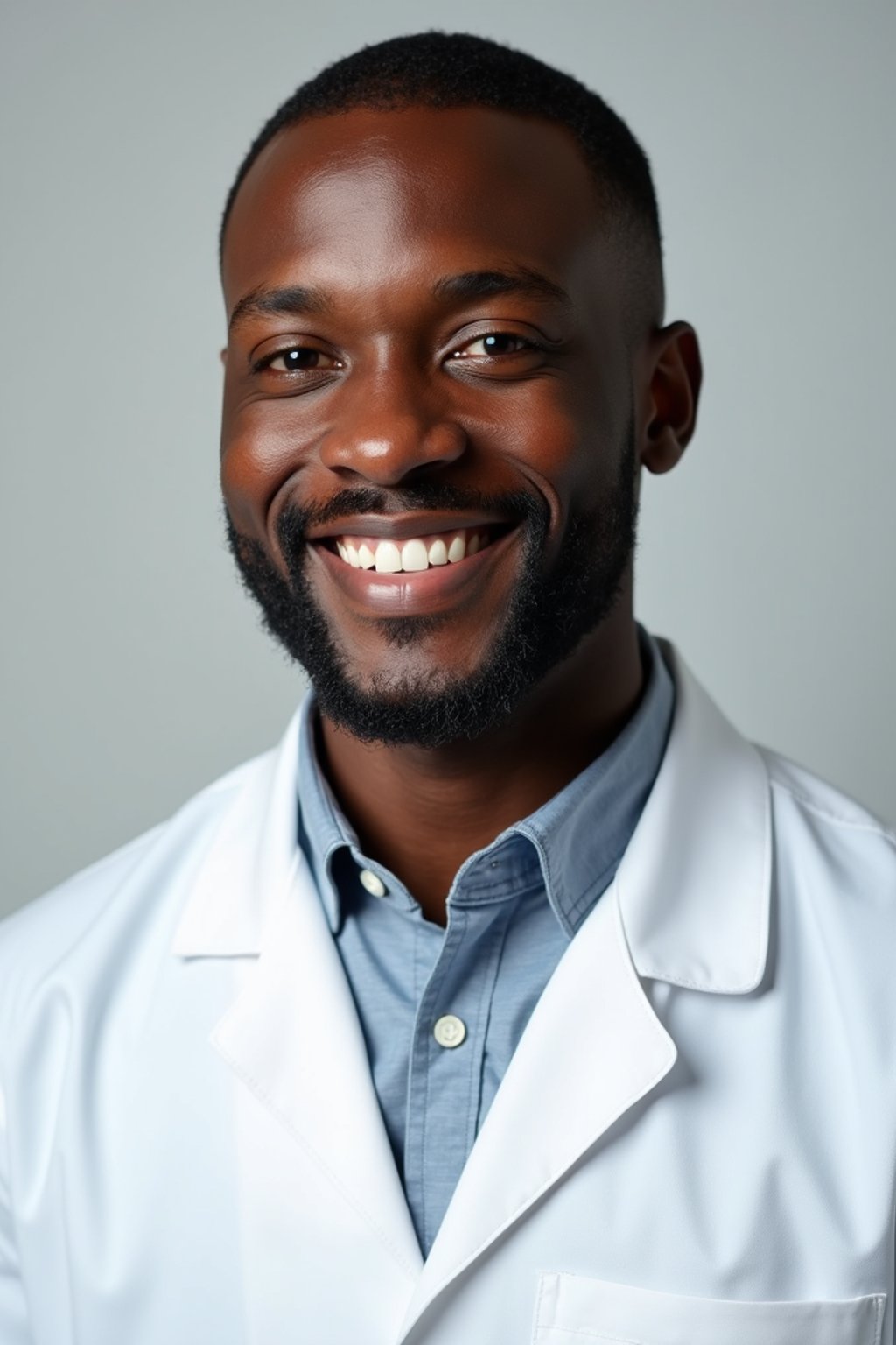 A professional doctor headshot of a confident man, taken in a well-lit studio with a plain backdrop. The man is dressed in  a neat, light-colored shirt with a professional expression. The lighting is soft and even, highlighting their facial features with a warm and authoritative expression. The focus is sharp, capturing the man's eyes and reassuring smile, creating a perfect headshot for medical practices and professional profiles.