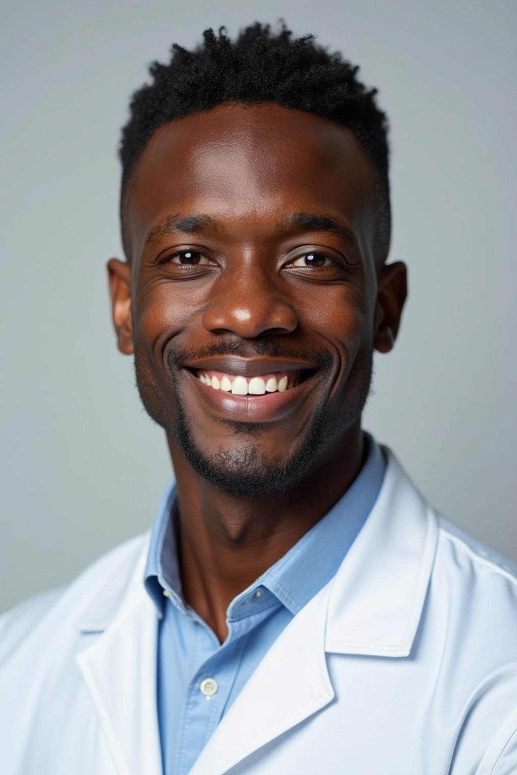 A professional doctor headshot of a confident man, taken in a well-lit studio with a plain backdrop. The man is dressed in  a neat, light-colored shirt with a professional expression. The lighting is soft and even, highlighting their facial features with a warm and authoritative expression. The focus is sharp, capturing the man's eyes and reassuring smile, creating a perfect headshot for medical practices and professional profiles.