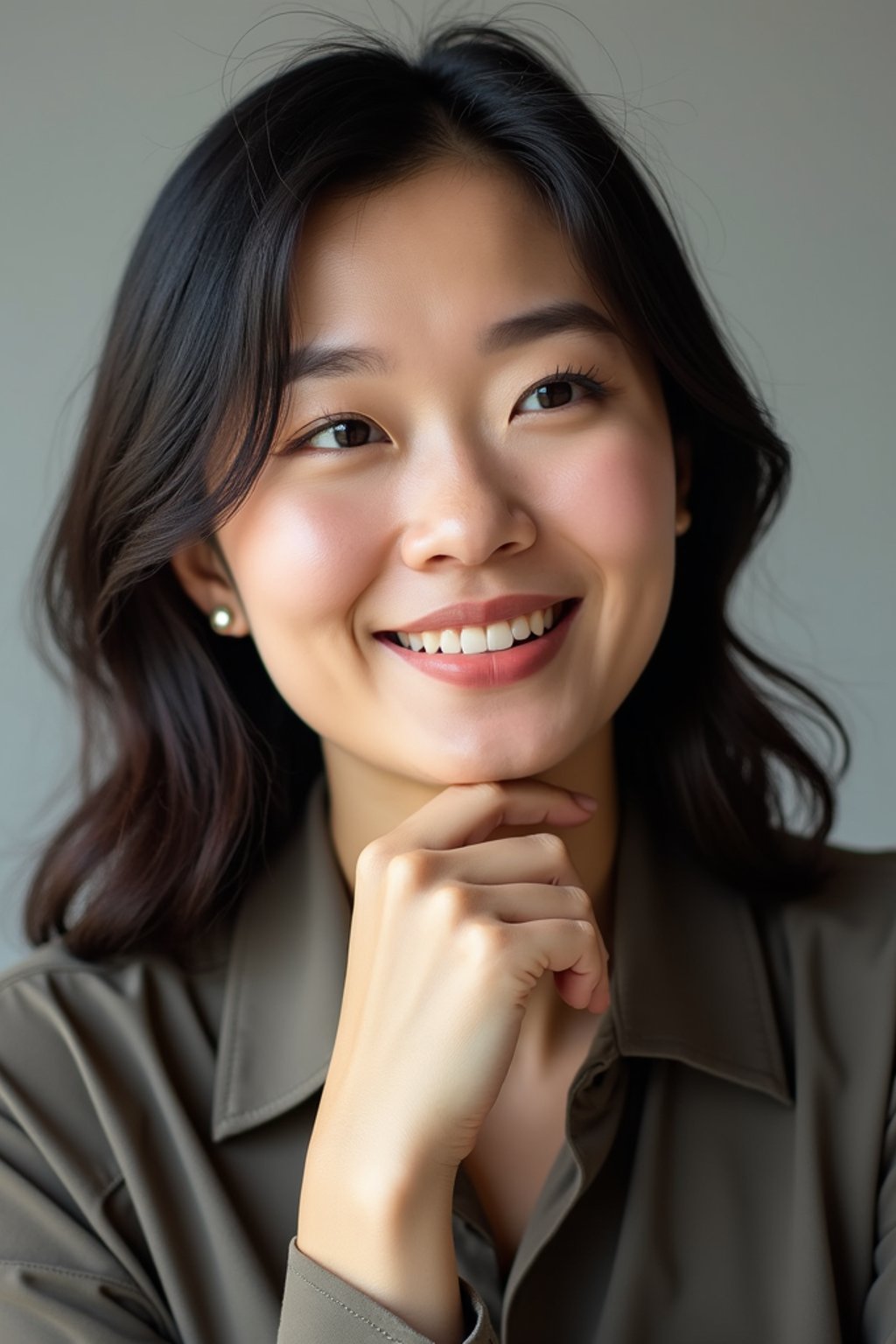 A professional author headshot of a thoughtful woman, taken in a well-lit studio with a plain backdrop. The woman is dressed in a stylish, professional blouse with natural makeup and a contemplative smile . The lighting is soft and even, highlighting their facial features with a warm and intellectual expression. The focus is sharp, capturing the woman's eyes and thoughtful smile, creating a perfect headshot for book covers and professional profiles.