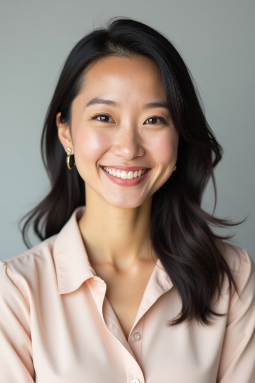 A professional life coach headshot of an inspiring woman, taken in a well-lit studio with a plain backdrop. The woman is dressed in a soft, professional blouse with natural makeup and a confident smile . The lighting is soft and even, highlighting their facial features with a warm and encouraging expression. The focus is sharp, capturing the woman's eyes and uplifting smile, creating a perfect headshot for coaching practices and professional profiles.
