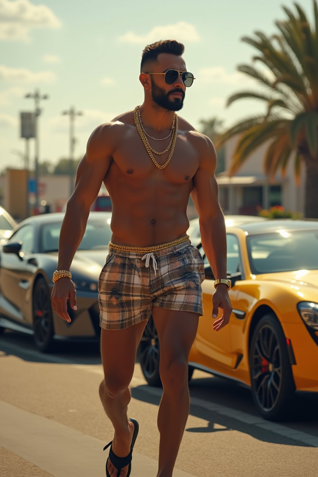 super muscular man wearing gold chains and sunglasses walking past luxury cars in slow motion