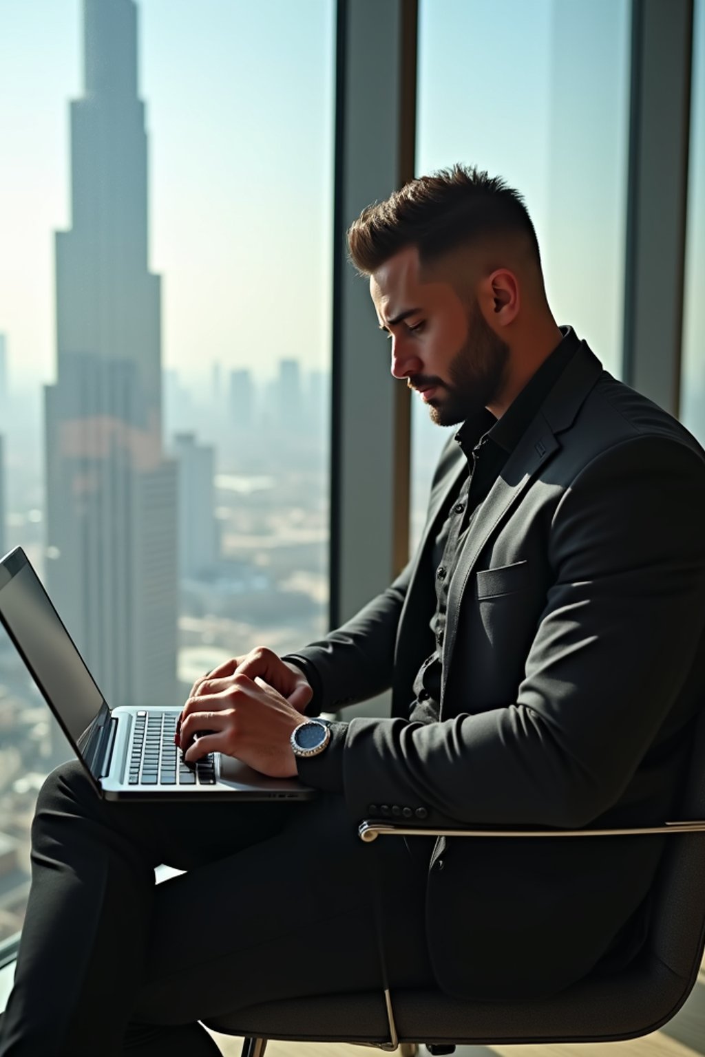super muscular man trading crypto on a laptop in a skyscraper office overlooking Dubai, wearing designer casual