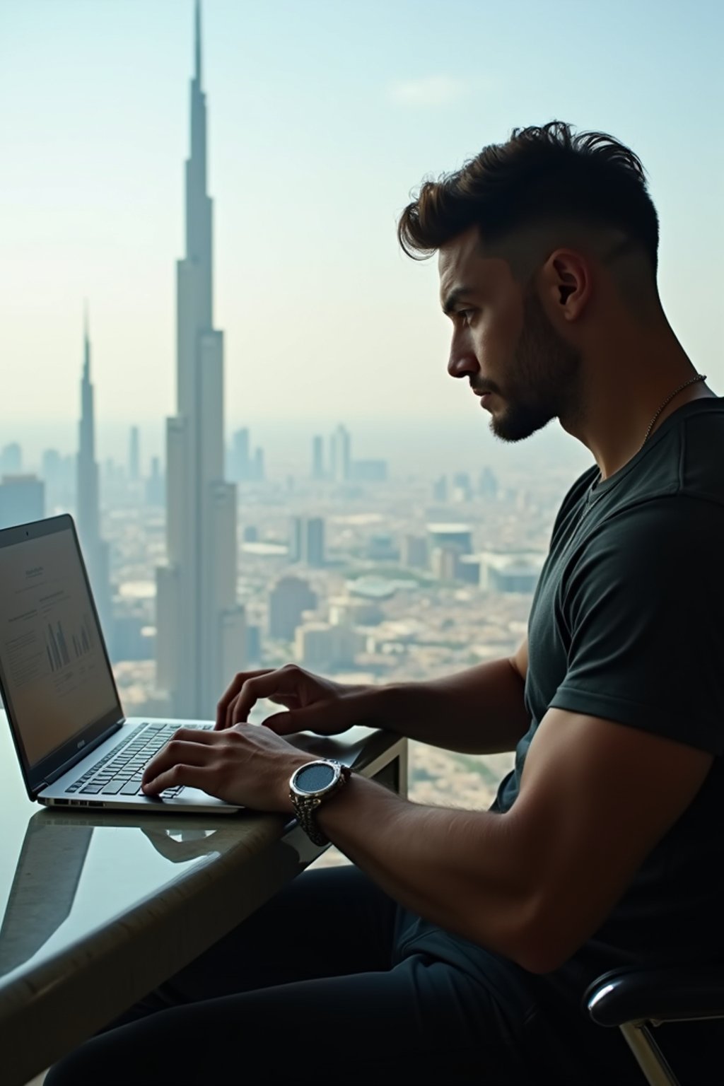 super muscular man trading crypto on a laptop in a skyscraper office overlooking Dubai, wearing designer casual