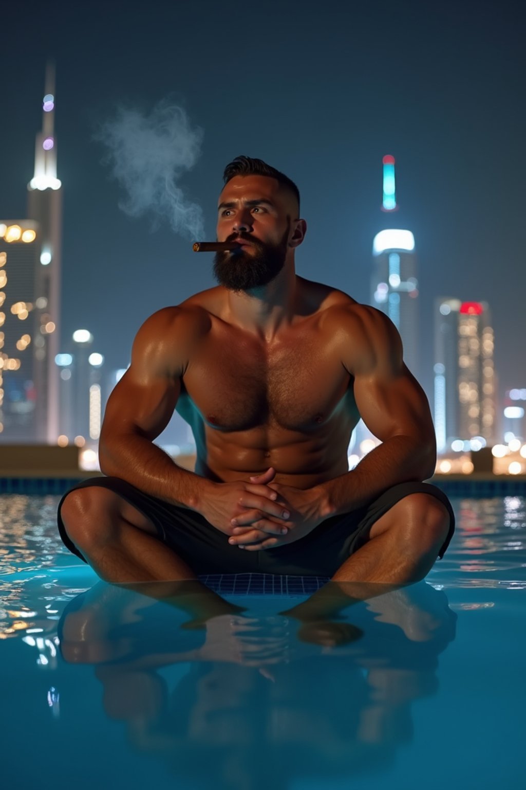 super muscular man sitting by an infinity pool at night in Dubai, smoking a cigar, city skyline behind him