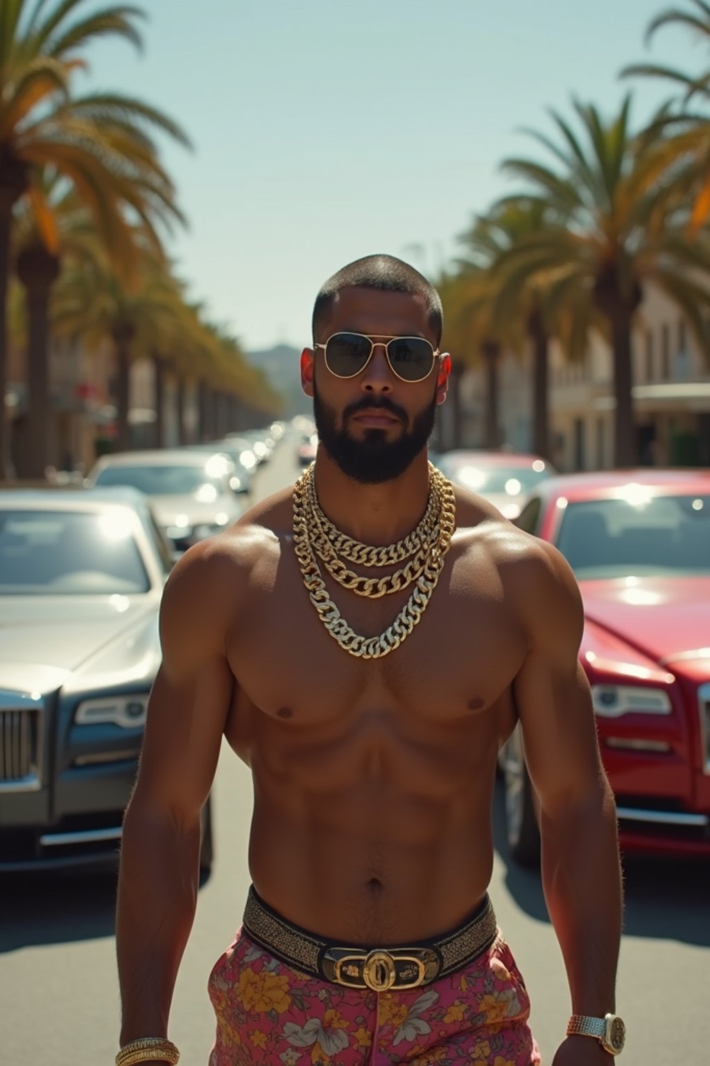 super muscular man wearing gold chains and sunglasses walking past luxury cars in slow motion