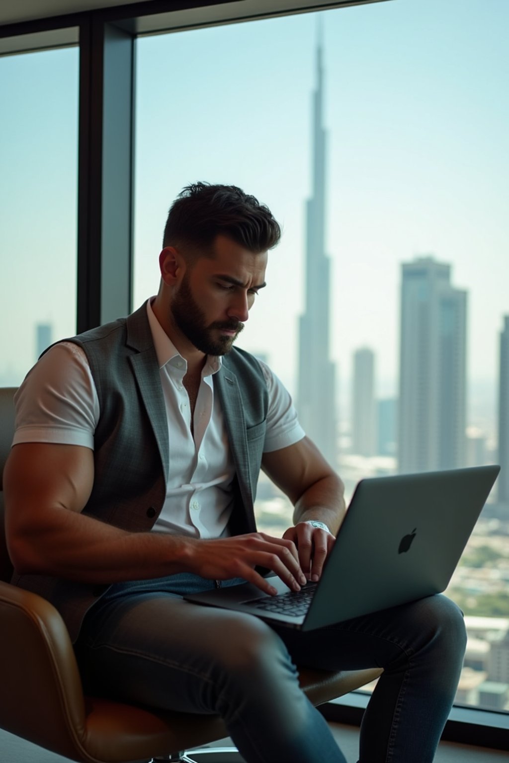 super muscular man trading crypto on a laptop in a skyscraper office overlooking Dubai, wearing designer casual