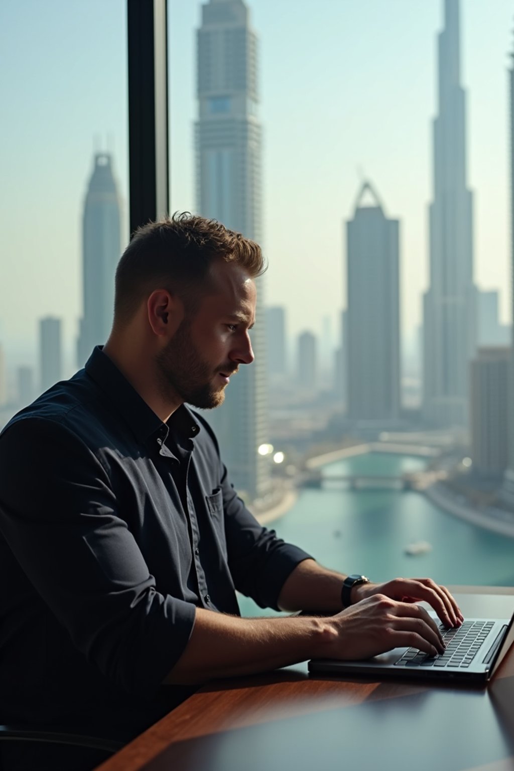 super muscular man trading crypto on a laptop in a skyscraper office overlooking Dubai, wearing designer casual