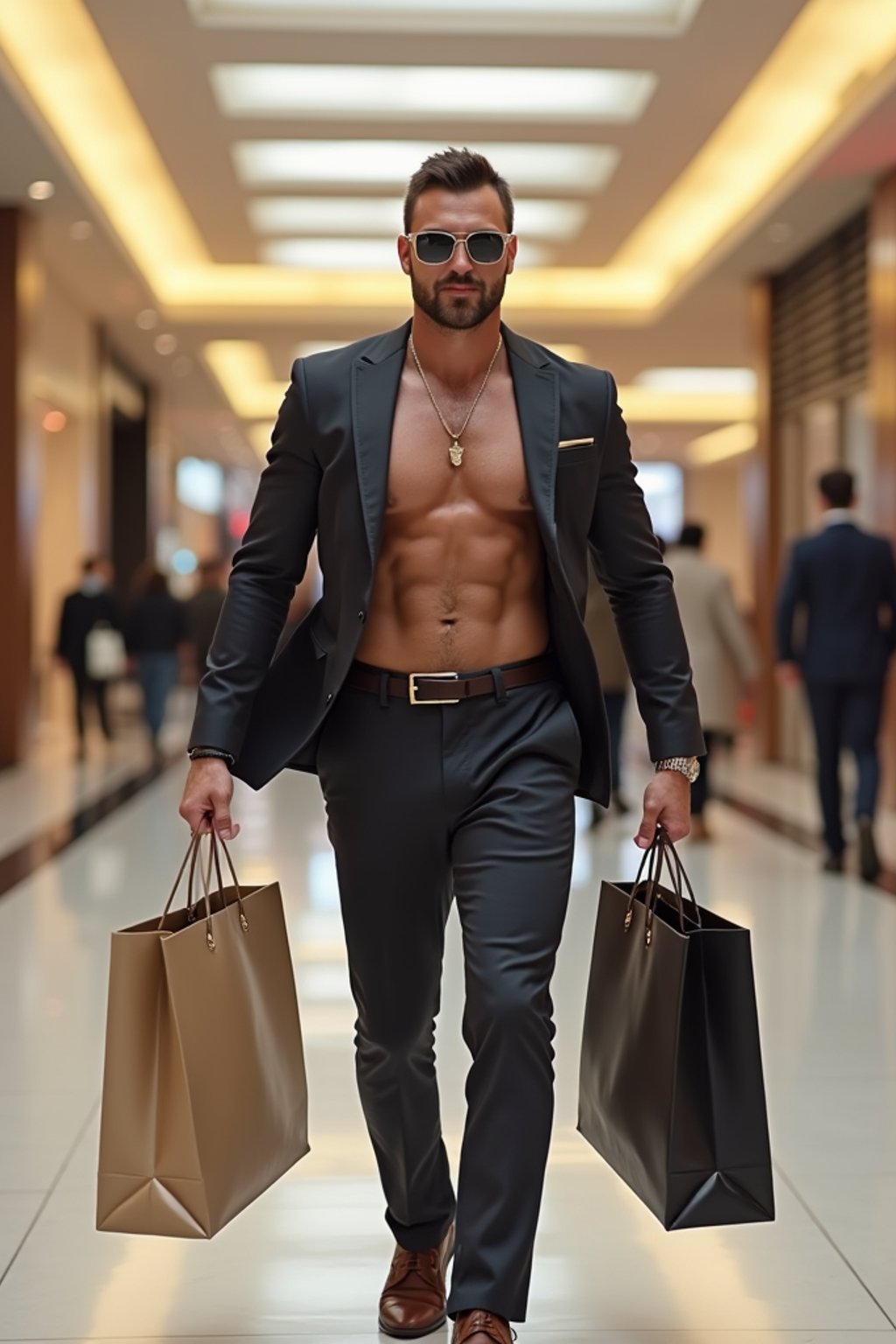 super muscular man walking through a luxury mall in Dubai in designer clothes, holding shopping bags and looking confident
