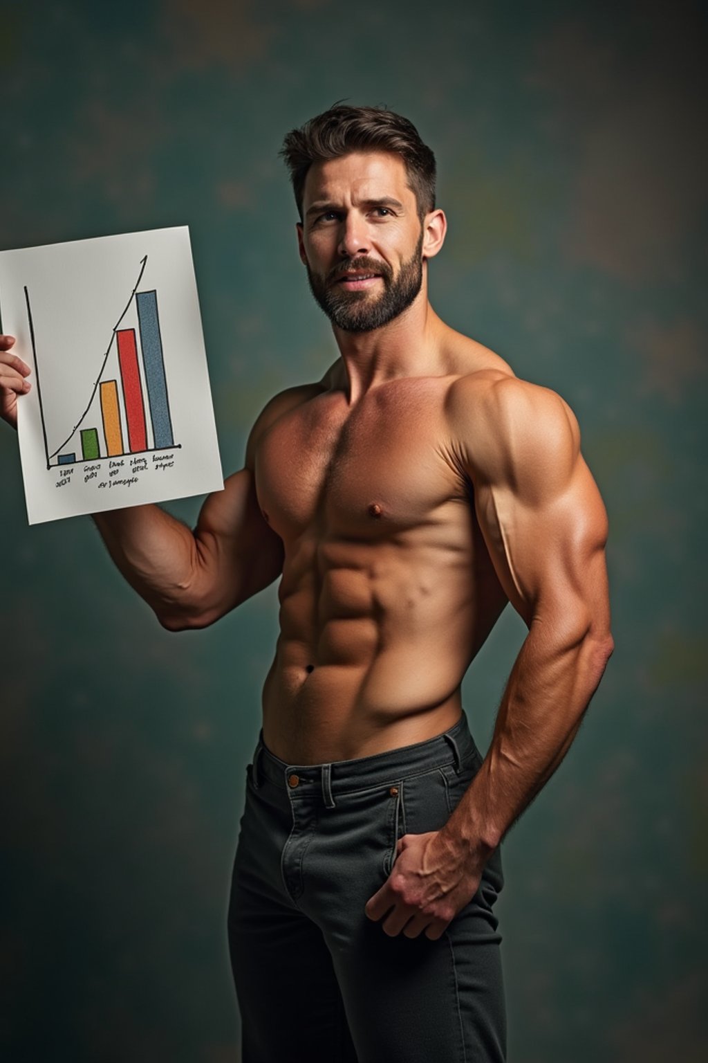 super muscular man doing a presentation showing a chart of money going up