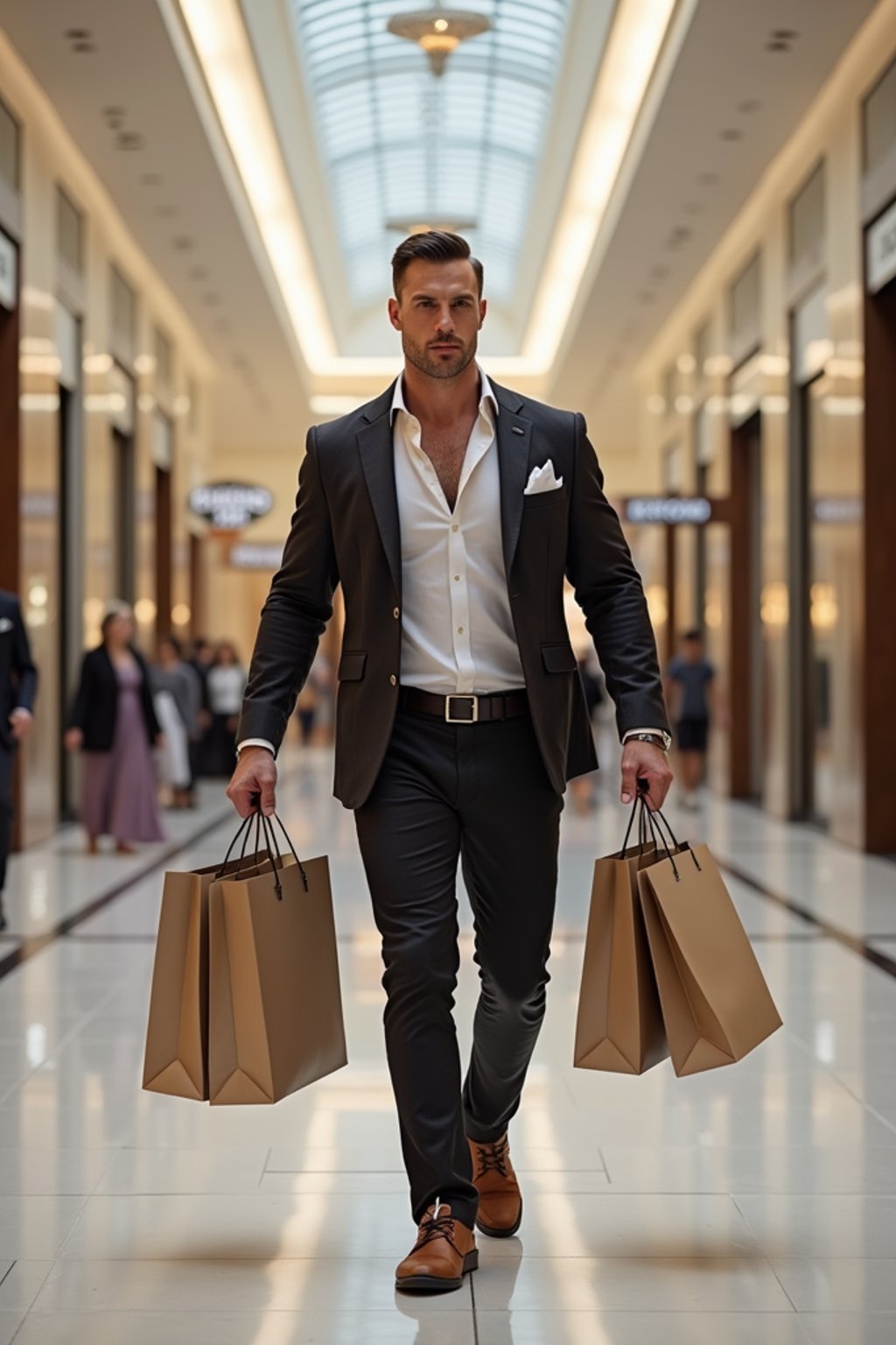 super muscular man walking through a luxury mall in Dubai in designer clothes, holding shopping bags and looking confident