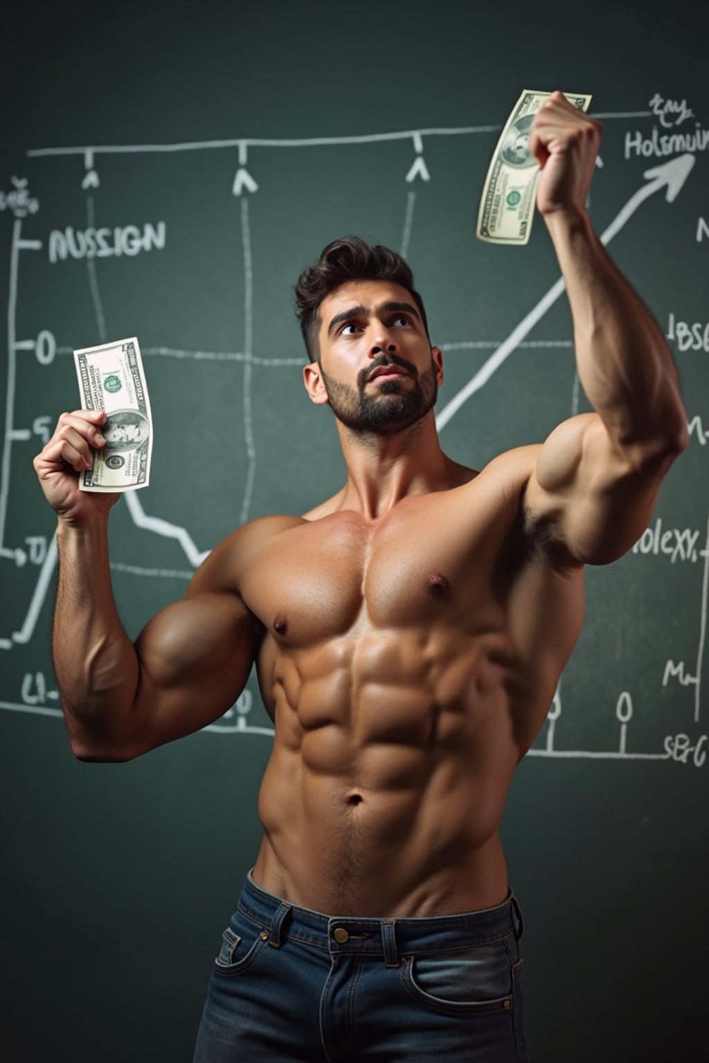 super muscular man doing a presentation showing a chart of money going up