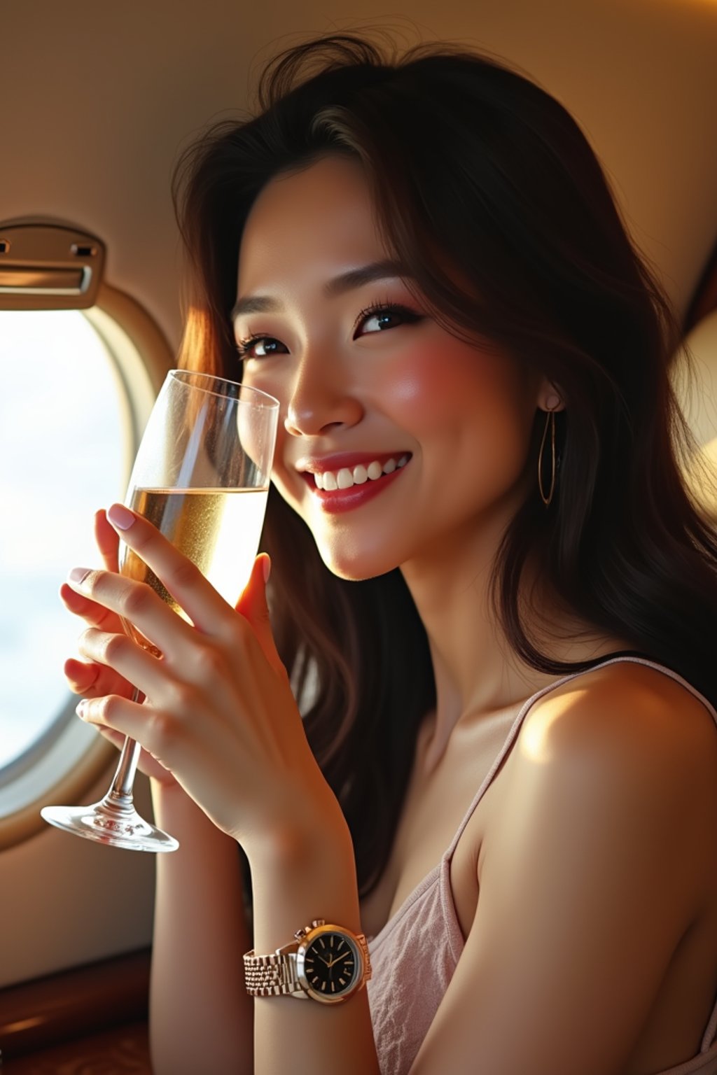 beautiful woman woman on a private jet sipping champagne, wearing a luxury watch and smiling confidently