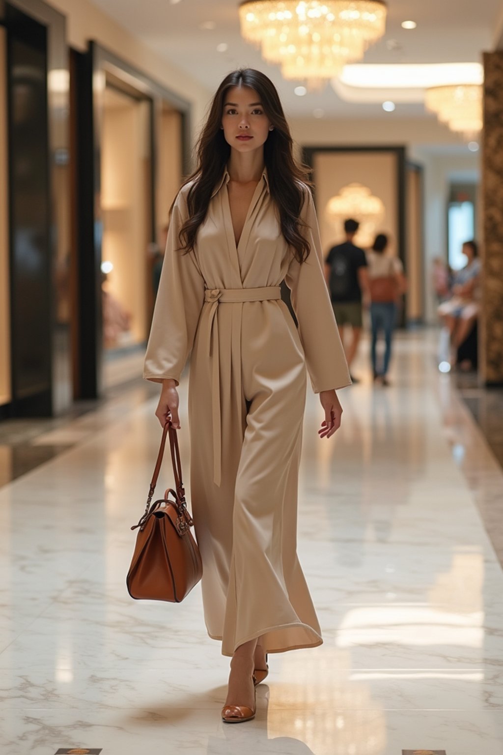 beautiful woman woman walking through a luxury mall in Dubai carrying designer bags, heels clicking on marble floor