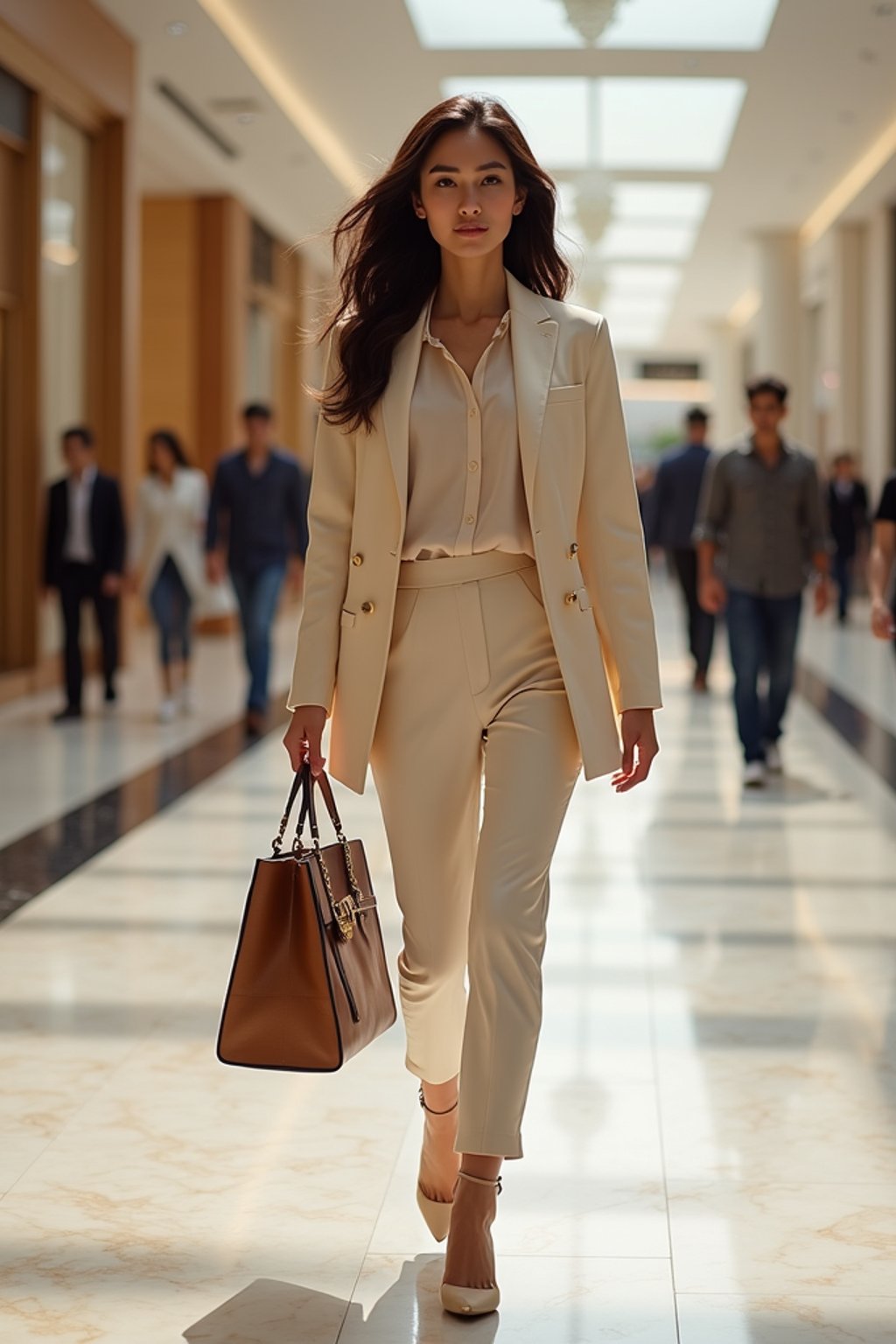 beautiful woman woman walking through a luxury mall in Dubai carrying designer bags, heels clicking on marble floor
