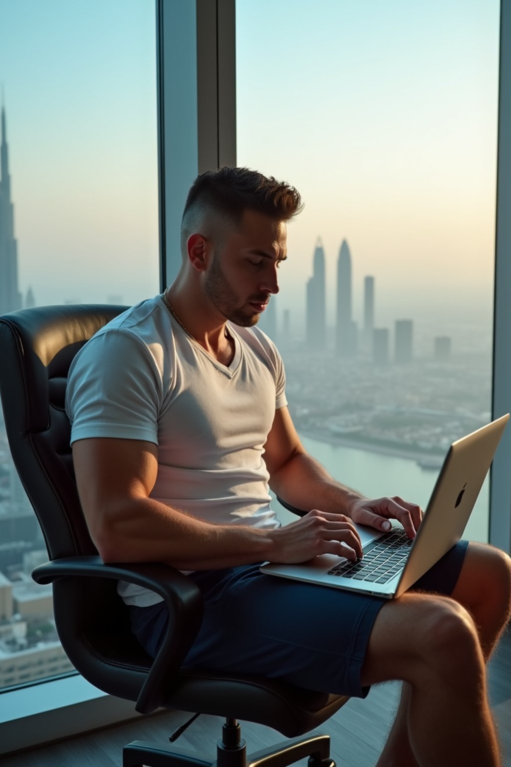 super muscular man trading crypto on a laptop in a skyscraper office overlooking Dubai, wearing designer casual