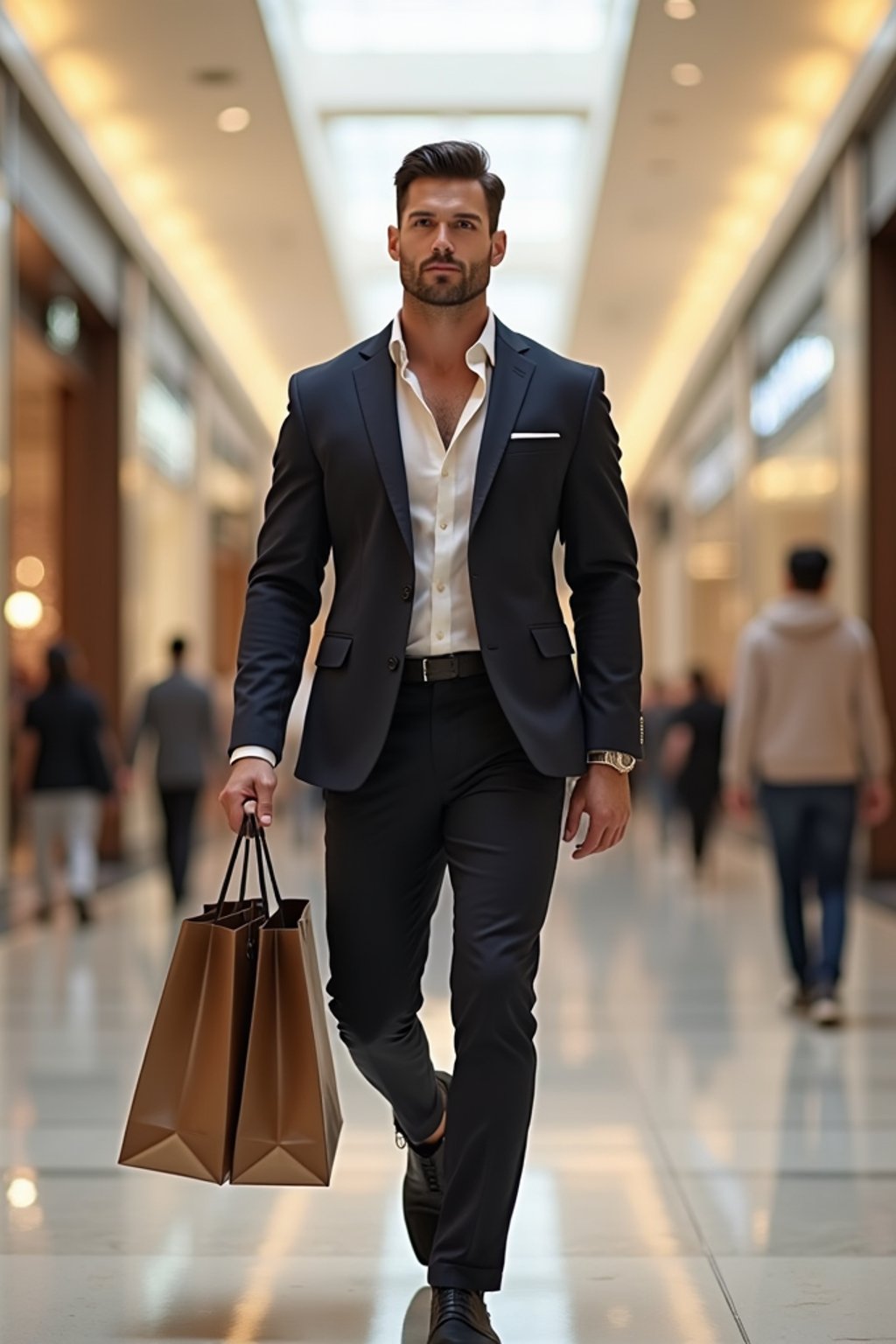 super muscular man walking through a luxury mall in Dubai in designer clothes, holding shopping bags and looking confident