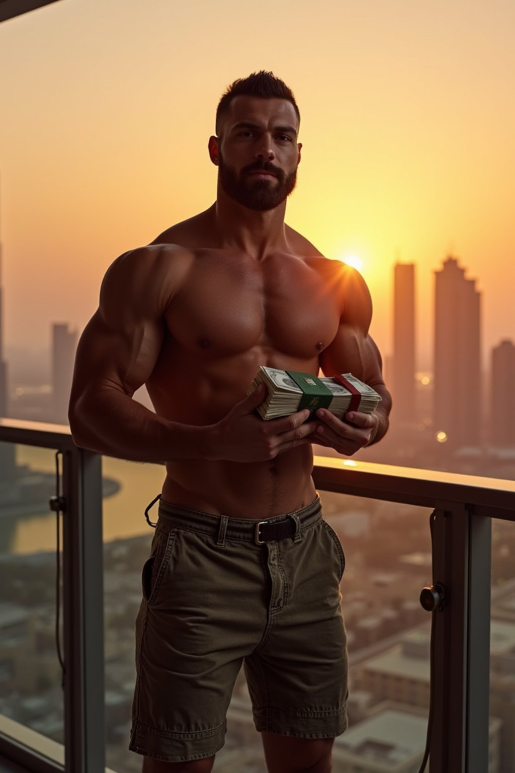 super muscular man counting stacks of cash on a penthouse balcony overlooking Dubai skyline at sunset