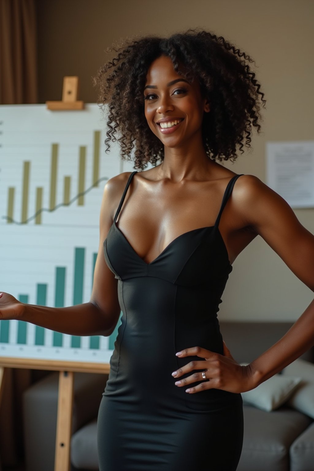 beautiful woman woman in tight fitting bodycon dress doing a presentation showing a chart of money going up