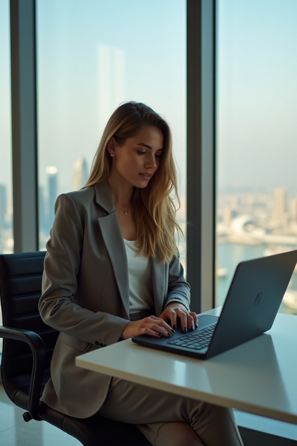beautiful woman woman trading crypto on a laptop in a skyscraper office overlooking Dubai, wearing smart casual outfit