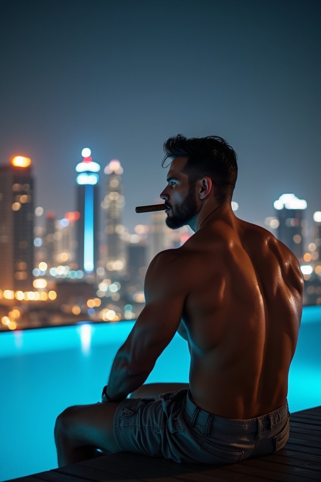 super muscular man sitting by an infinity pool at night in Dubai, smoking a cigar, city skyline behind him