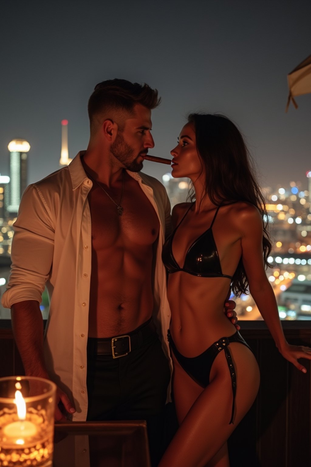 super muscular man with a tight fitting white open shirt in a luxury rooftop bar in Dubai at night drinking whiskey and smoking cigars with beautiful women in black leather Bikini and heels