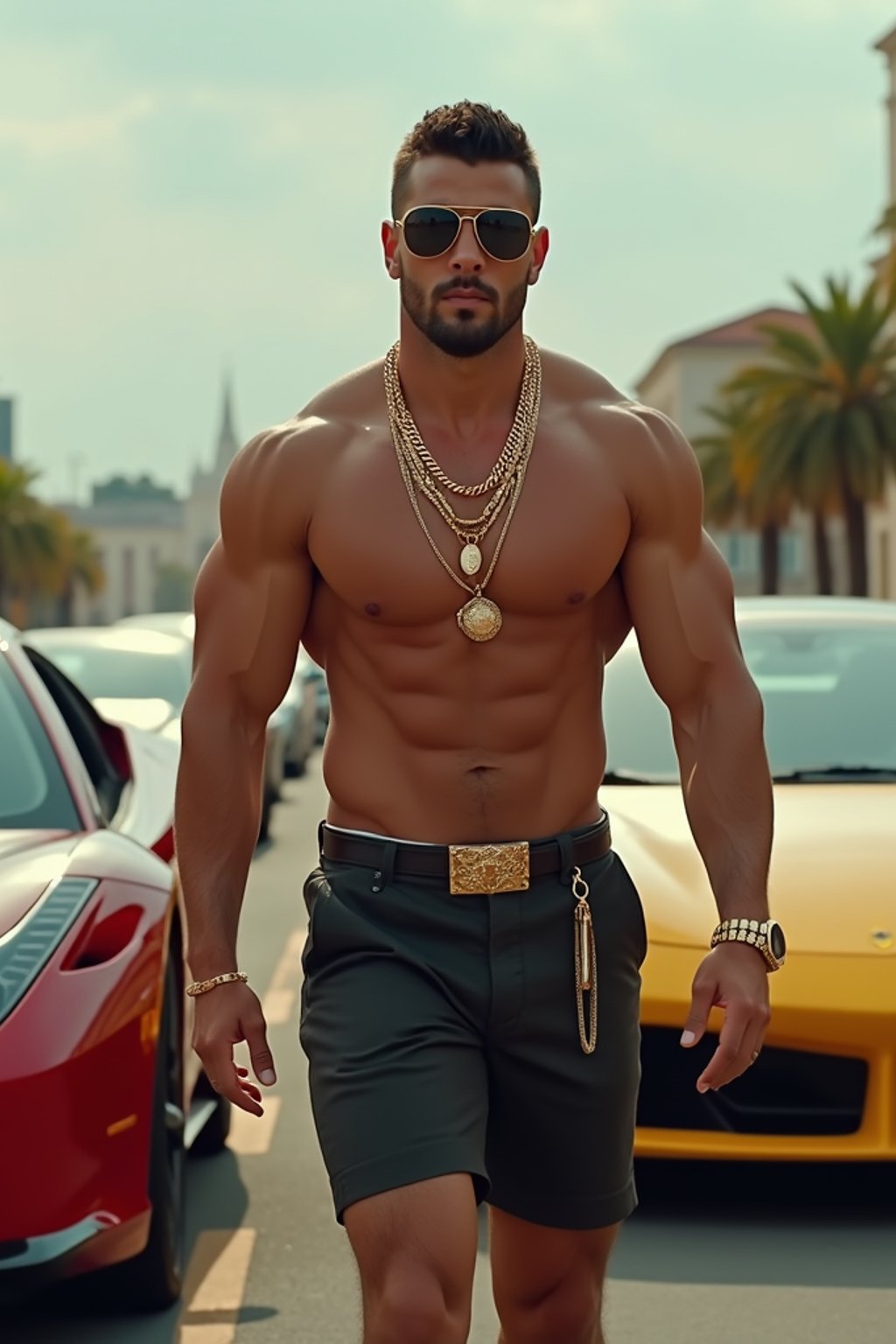 super muscular man wearing gold chains and sunglasses walking past luxury cars in slow motion